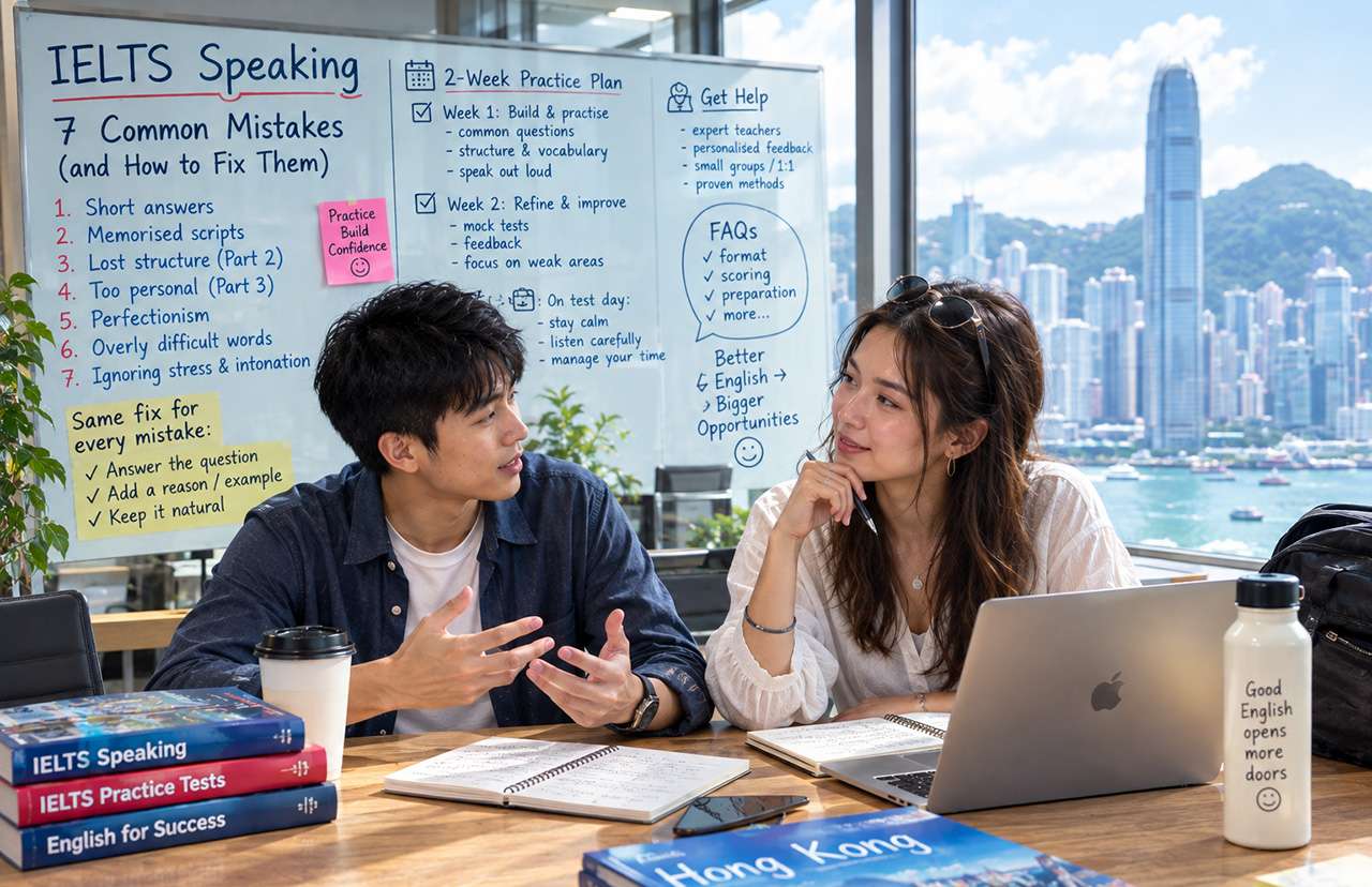 Two students discussing IELTS speaking mistakes