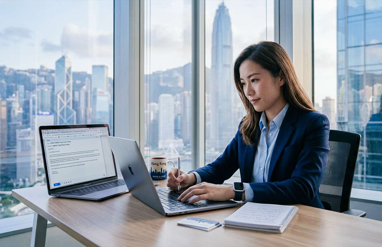 A young woman writing a business email in Hong Kong
